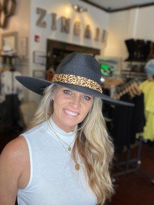 Black wide brim hat with leopard band