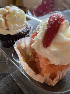 Strawberry cream and chocolate salted caramel cupcake