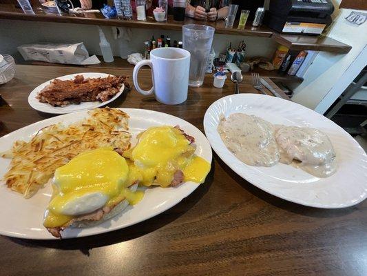 Eggs Benedict, corn beef hash, biscuits and gravy.