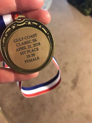 Yeah! Winning! 28.11 minutes Mariana representing Fitness On the Coast at the 5k gulf Coast Classic