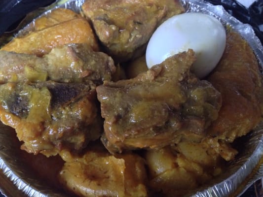 6.00 for Costillas Guisado with extra carne. Full plate of rib stew( extra meat) over potatoes with plantains and a boiled egg. Yes 6.00