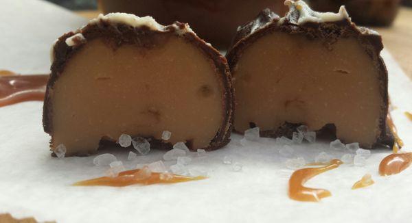 The inside of one of our Salted Caramel Chocolate Truffles, a secret and guarded recipe.