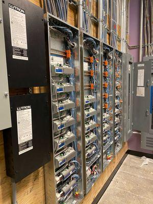 Having master electricians on staff is a blessing! 

Commercial panelized lighting solution via Lutron.