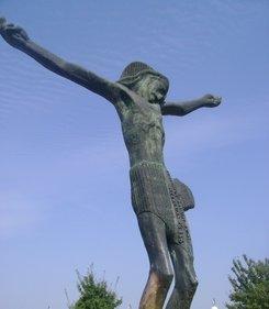 Risen Christ statue, Medjugorje. This statue is weeping oil in His knee. This statue is made of stone.