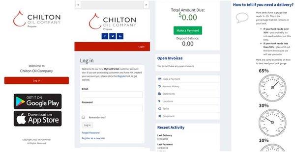 My Fuel Portal available online at: chiltonoilcompany.myfuelportal.com or check our new Chilton Oil app on google play or the app store.