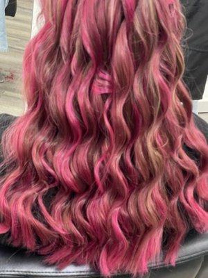 Pink Highlights with bangs over fresh highlights with pink balayage.