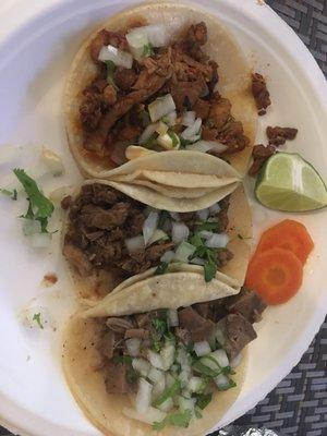 Lengua taco on the bottom (A+) and adobada pork on top (A+) were my favorites