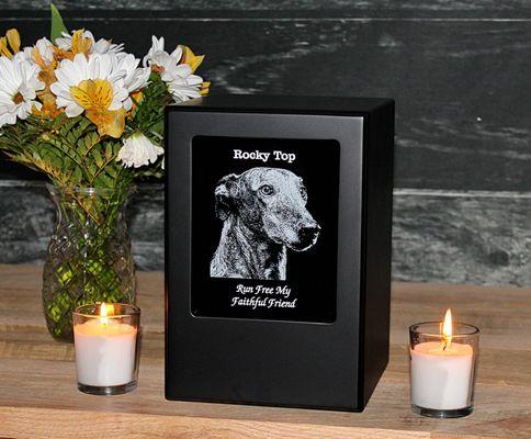 Photo etched pet urn