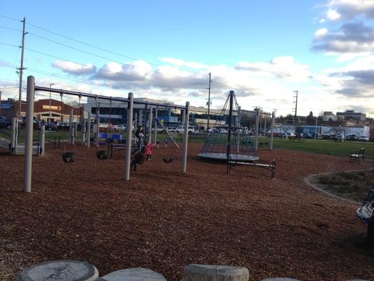 The playground in winter. A view of the swings.