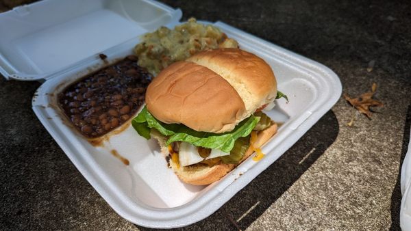 A cheeseburger with baked beans and potato salad from CarrBQues - down the street on MLK - to make a beautiful day at the park even better.