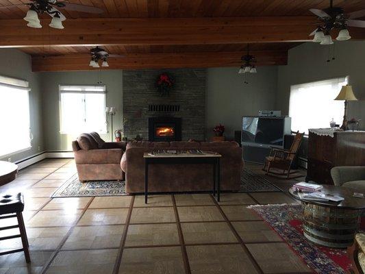 Half of the great room with that amazing fireplace.