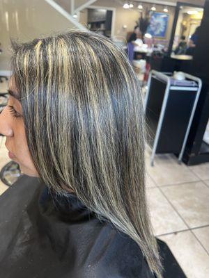 This one I did highlights hair cut long layers? she did not wanted to be very light so I did level nine with her natural color.