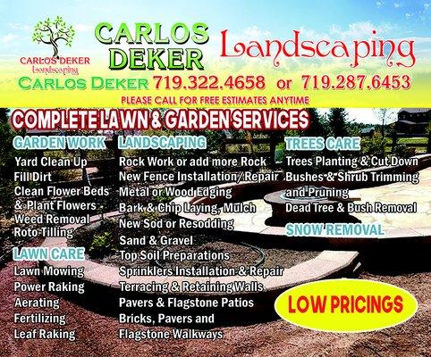 We do aeration, power raking, fertilizer, sprinkler start-ups, and Spring Clean ups. We do residential, and commercial work.