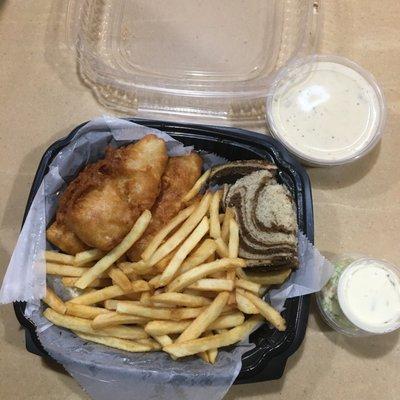 Friday fish fry Beer battered cod with french fries and clam chowder  Yum