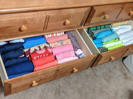 Client's drawer of tee shirts after KonMari organizing