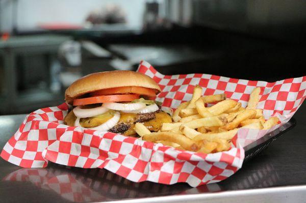 Classic Fresh Ground Brisket Burger served on a toasted bun with hand cut fries.