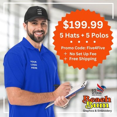 Checkout today with our Five Polos + Five Hats deal! Use code: Five4Five during checkout. FREE shipping and $0 setup fee!