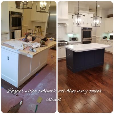 Lacquer all the cabinets and painted the center cabinet in a really nice navy blue