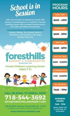 Forest Hills Nursery & Kindergarten - Established in 1976- Program Hours & Flyer