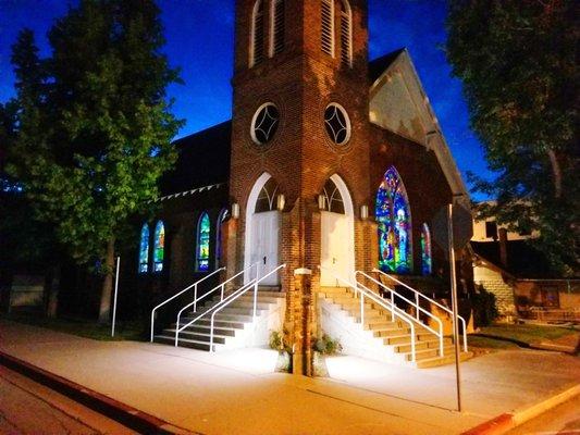 Susanville UMC at night. Beautiful stained glass!