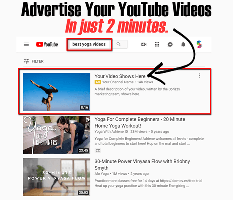 Sprizzy advertises your product video on YouTube in just a few clicks. Target new customers searching for products and services like yours.