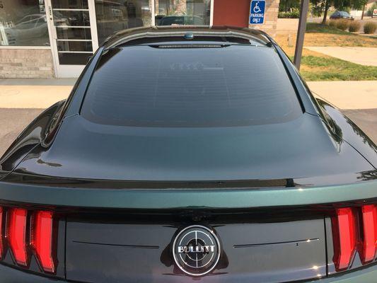 2019 Ford Mustang Coupe Bullitt edition tinted with 3M Color Stable 5% window film on the rear windshield