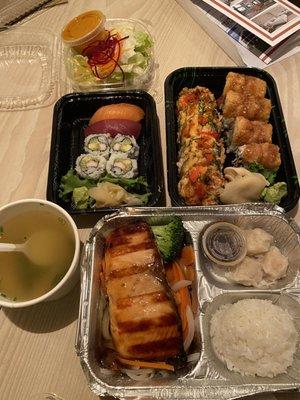 Salmon Teriyaki Dinner Bento, Main St Roll, Tomo Roll