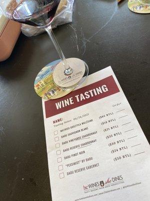 Tasting list when Daou came to visit.