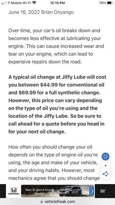 This is what it's says it should cost for an oil change at jiffy lube. Not sure what I was being charged for as I never received a receipt.