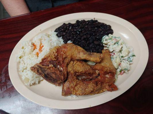 Fried chicken, rice, beans, mac salad.