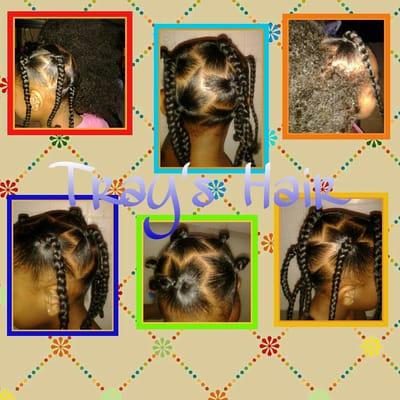 Child's Before and After braided ponytails with zig zag partings. 
By: Tray