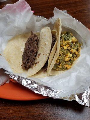 Barbacoa corn tacos and nopalitos corn taco