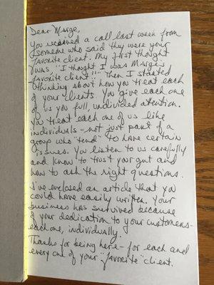 This is a wonderful Testimony Letter I received from a long time client.  Her view of over hearing my phone call with another client.