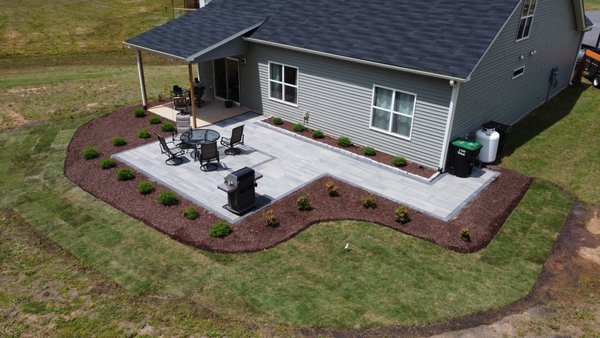 Paver Patio, Landscape bushes. mulch sod grass