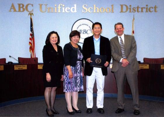 Dr. Ahn has been recognized by the ABC Unified School District for his contribution to education community during Standing Ovation Ceremony.