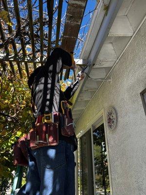 Construction worker, repairing facia board, rafter, tales sheathing, lattice, and all wood on outside of property