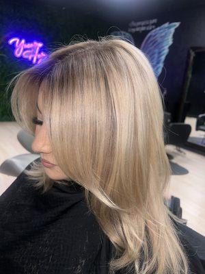 Rooty blonde , blended for a low maintenance color .