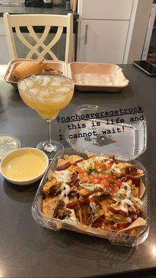 BBQ Pork Nachos, Queso and the pineapple jalapeño margarita kit (with tequila added at home )