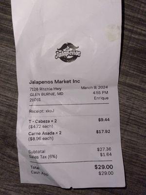 Receipt for 4 tacos for $29.00.