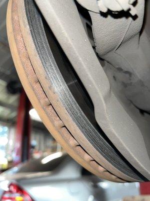 Brake rotor wear when brake pad becomes too worn.