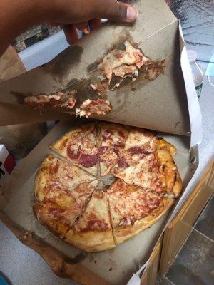 This is the worst pizza I ever had , and looks better because I fix it a little bit but the whole pizza was upside down