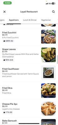 Depicted menu on postmates- Fried Cauliflower emphasized