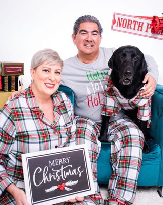 Dog mom, dog dad, dog, black dog, black lab, Labrador retriever, pajamas, Christmas, family photo.