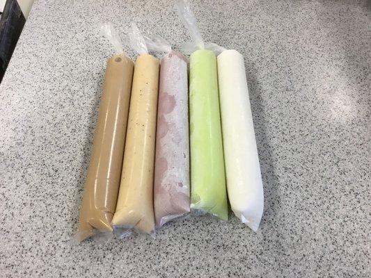 Home made assorted ice candy Coffee, banana, taro, honey dew and coconut.