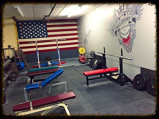 Lots of benches, dumbbells, barbells, plates, etc