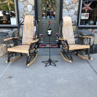 Hickory Stick Rockers and Outdoor Bottle and Wine Glass Holder.