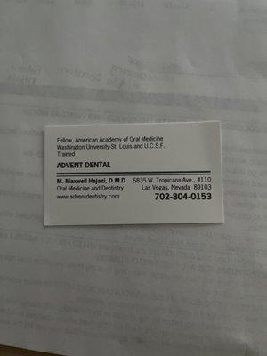 Advent Dental business card