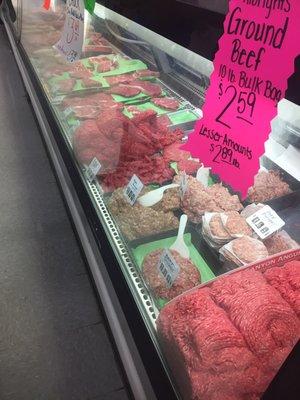 Small view of the LARGE meat counter in the back of the store.