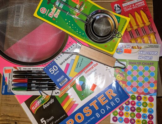 All this for $14.05...5 colorful poster boards, 5 markers, reward stickers, spiral Index cards, 4 stainless steel strainers, corn holders