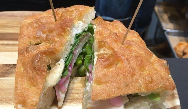 Turkey, snap pea sandwich on focaccia